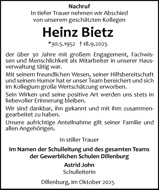 Traueranzeige von Heinz Bietz von Dill Block