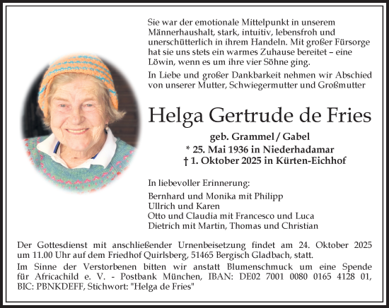 Traueranzeige von Helga Gertrude de Fries von Nassauische Neue Presse