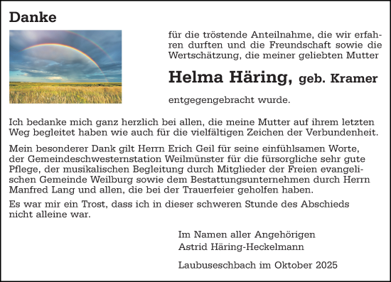 Traueranzeige von Helma Häring von Weilburger Tageblatt