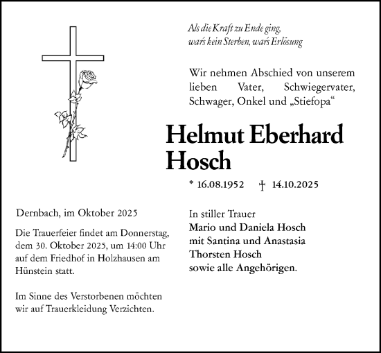 Traueranzeige von Helmut Eberhard Hosch von Hinterl#nder Anzeiger