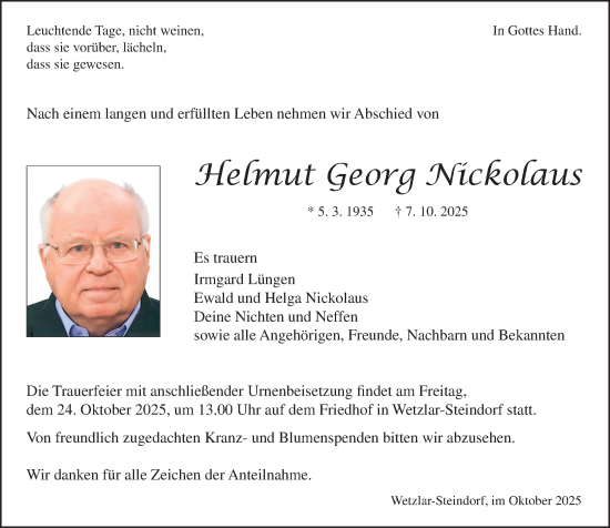 Traueranzeige von Helmut Georg Nickolaus von Wetzlarer Neue Zeitung Traueranzeige von Helmut Georg Nickolaus von Wetzlarer Neue Zeitung