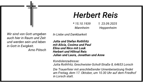 Traueranzeige von Herbert Reis von Starkenburger Echo