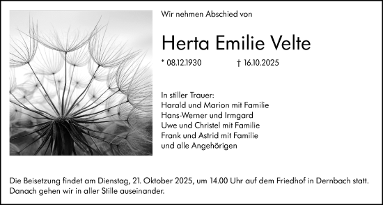 Traueranzeige von Herta Emilie Velte von Hinterländer Anzeiger