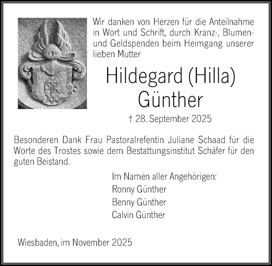 Traueranzeige von Hildegard Günther von Wiesbadener Kurier