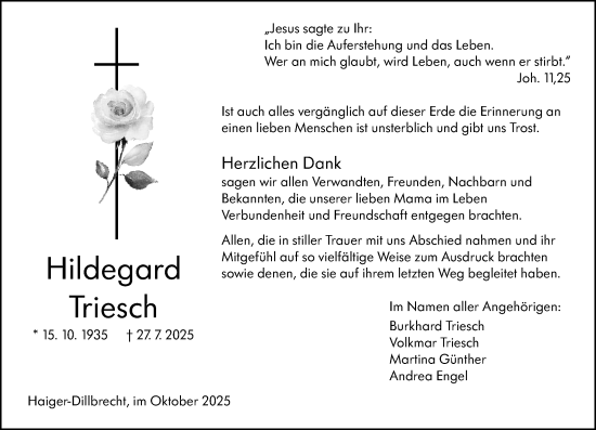 Traueranzeige von Hildegard Triesch von Dill Block