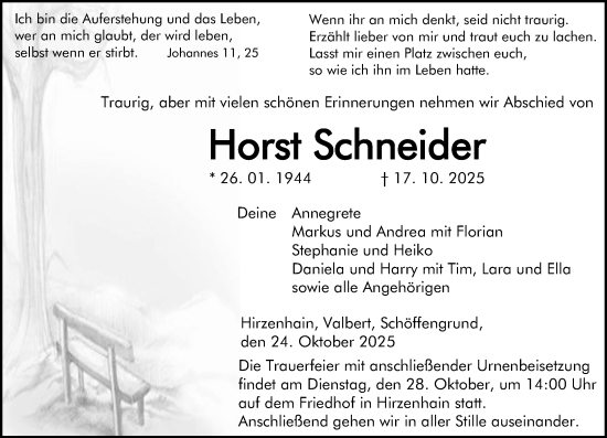Traueranzeige von Horst Schneider von Dill Block Traueranzeige von Horst Schneider von Dill Block