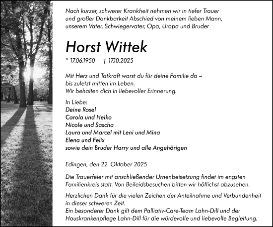 Traueranzeige von Horst Wittek von Wetzlarer Neue Zeitung