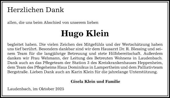Traueranzeige von Hugo Klein von Starkenburger Echo
