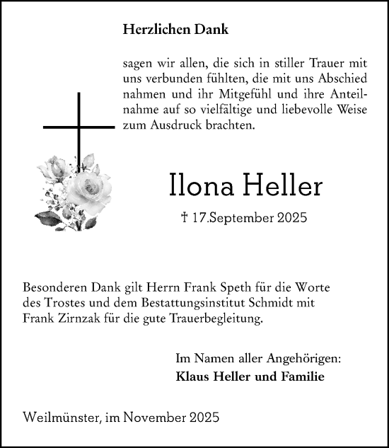 Traueranzeige von Ilona Heller von Weilburger Tageblatt