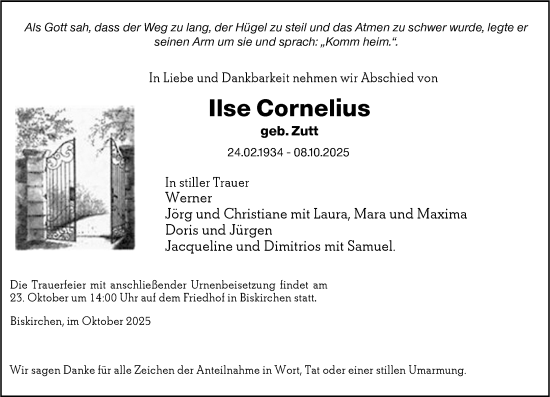 Traueranzeige von Ilse Cornelius von Wetzlarer Neue Zeitung