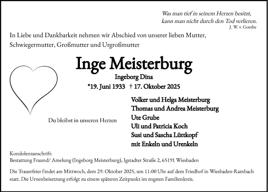 Traueranzeige von Inge Meisterburg von Wiesbadener Kurier Traueranzeige von Inge Meisterburg von Wiesbadener Kurier