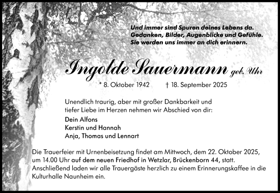 Traueranzeige von Ingolde Sauermann von Wetzlarer Neue Zeitung