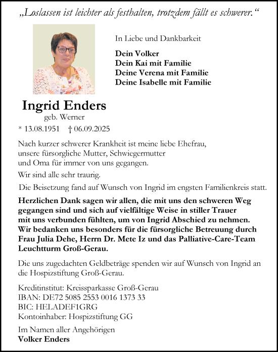 Traueranzeige von Ingrid Enders von Rüsselsheimer Echo Traueranzeige von Ingrid Enders von Rüsselsheimer Echo