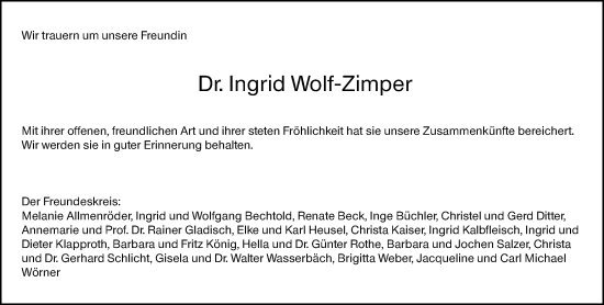 Traueranzeige von Ingrid Wolf-Zimper von Odenwälder Echo