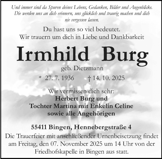 Traueranzeige von Irmhild Burg von Allgemeine Zeitung Rheinhessen-Nahe Traueranzeige von Irmhild Burg von Allgemeine Zeitung Rheinhessen-Nahe