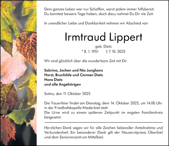 Traueranzeige von Irmtraud Lippert von Wetzlarer Neue Zeitung