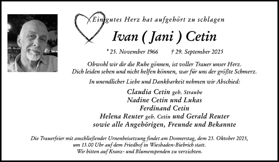 Traueranzeige von Ivan Cetin von Wiesbadener Kurier Traueranzeige von Ivan Cetin von Wiesbadener Kurier