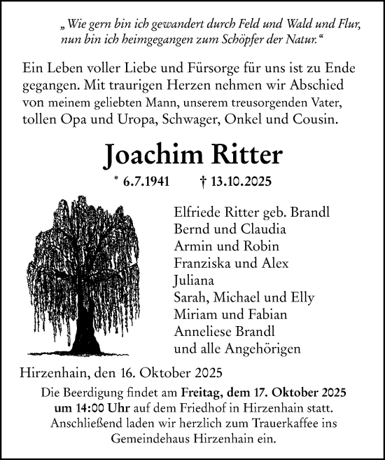Traueranzeige von Joachim Ritter von Hinterländer Anzeiger