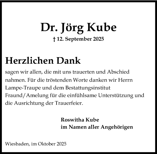 Traueranzeige von Jörg Kube von Wiesbadener Kurier