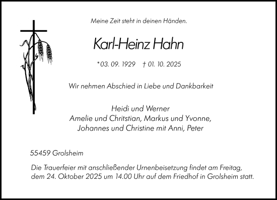Traueranzeige von Karl-Heinz Hahn von Binger-/Ingelheimer Wochenblatt