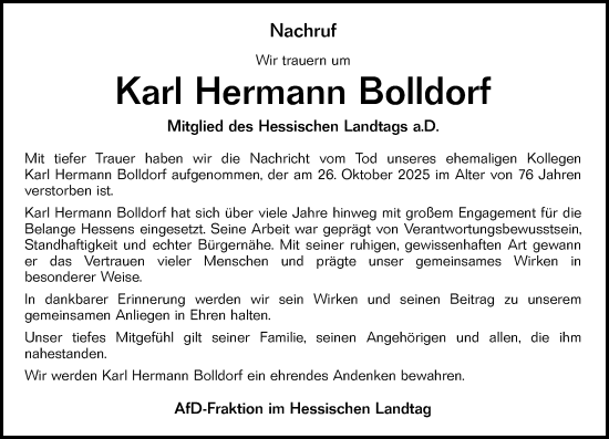 Traueranzeige von Karl Hermann Bolldorf von Wiesbadener Kurier