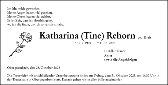 Traueranzeige von Katharina Rehorn von Wetzlarer Neue Zeitung