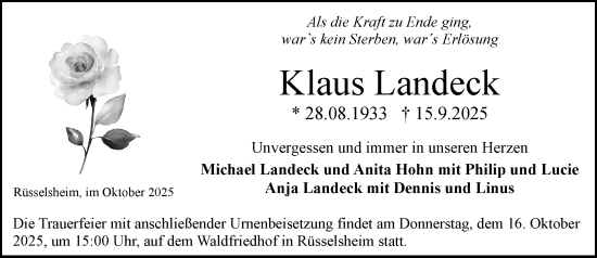 Traueranzeige von Klaus Landeck von Rüsselsheimer Echo