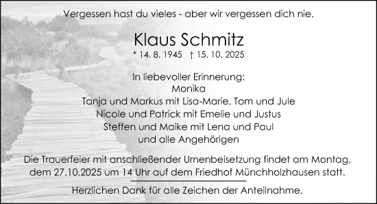 Traueranzeige von Klaus Schmitz von Wetzlarer Neue Zeitung