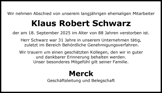 Traueranzeige von Klaus Robert Schwarz von Darmstädter Echo