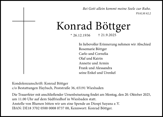 Traueranzeige von Konrad Böttger von Wiesbadener Kurier Traueranzeige von Konrad Böttger von Wiesbadener Kurier
