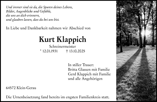 Traueranzeige von Kurt Klappich von Groß-Gerauer Echo Traueranzeige von Kurt Klappich von Groß-Gerauer Echo