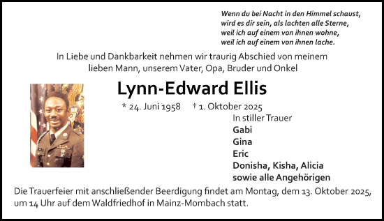 Traueranzeige von Lynn-Edward Ellis von Allgemeine Zeitung Mainz Traueranzeige von Lynn-Edward Ellis von Allgemeine Zeitung Mainz