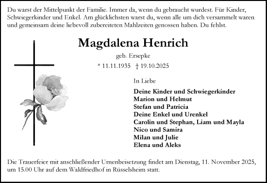 Traueranzeige von Magdalena Henrich von Rüsselsheimer Echo Traueranzeige von Magdalena Henrich von Rüsselsheimer Echo