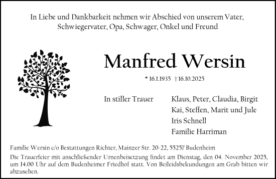 Traueranzeige von Manfred Wersin von Allgemeine Zeitung Mainz Traueranzeige von Manfred Wersin von Allgemeine Zeitung Mainz