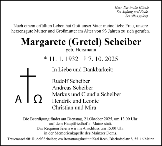 Traueranzeige von Margarete Scheiber von Allgemeine Zeitung Mainz