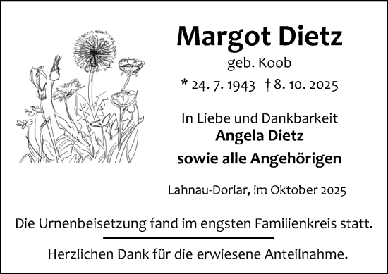 Traueranzeige von Margot Dietz von Wetzlarer Neue Zeitung