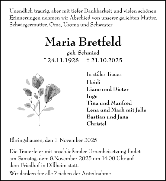 Traueranzeige von Maria Bretfeld von Wetzlarer Neue Zeitung