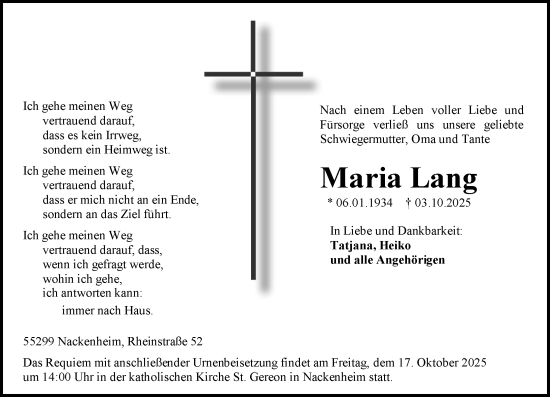 Traueranzeige von Maria Lang von Allgemeine Zeitung Mainz