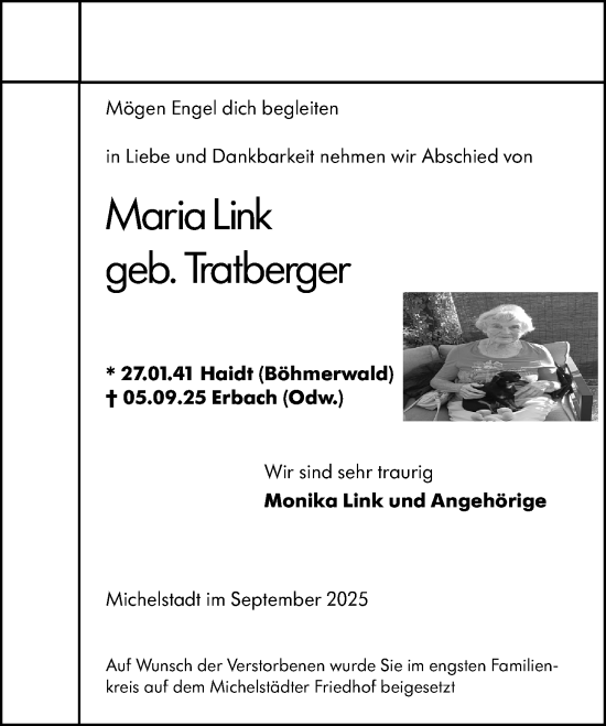 Traueranzeige von Maria Link von Odenwälder Echo