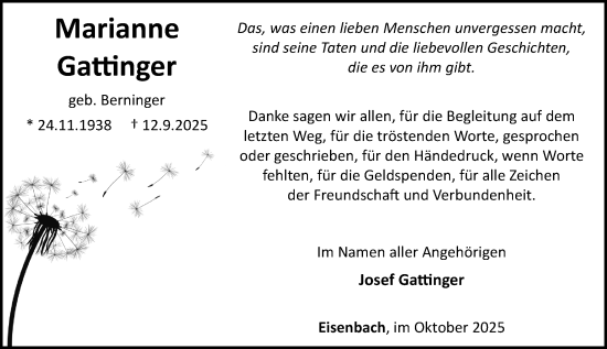 Traueranzeige von Marianne Gattinger von Camberger Anzeiger