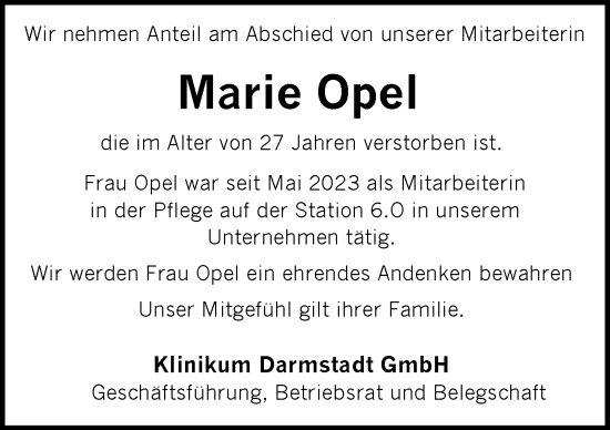 Traueranzeige von Marie Opel von Darmstädter Echo