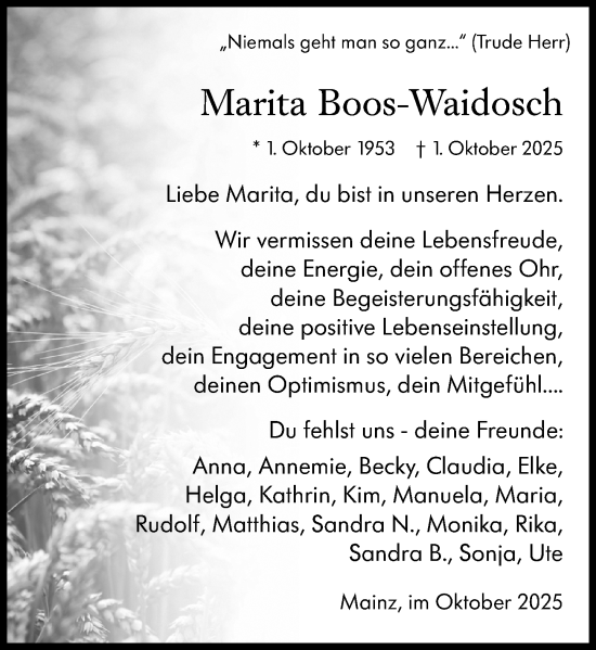 Traueranzeige von Marita Boos-Waidosch von Allgemeine Zeitung Mainz Traueranzeige von Marita Boos-Waidosch von Allgemeine Zeitung Mainz