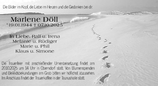 Traueranzeige von Marlene Döll von Wetzlarer Neue Zeitung