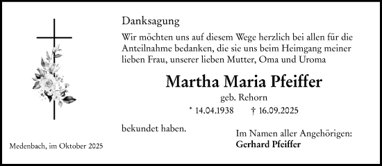 Traueranzeige von Martha Maria Pfeiffer von Dill Block