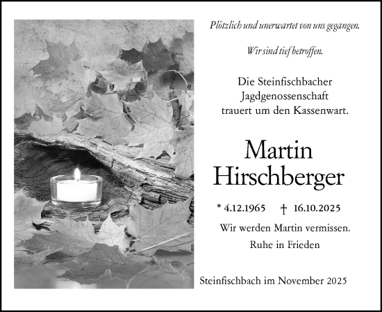 Traueranzeige von Martin Hirschberger von Camberger Anzeiger