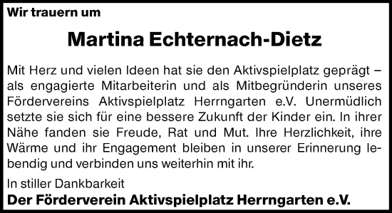 Traueranzeige von Martina Echternach-Dietz von Darmstädter Echo