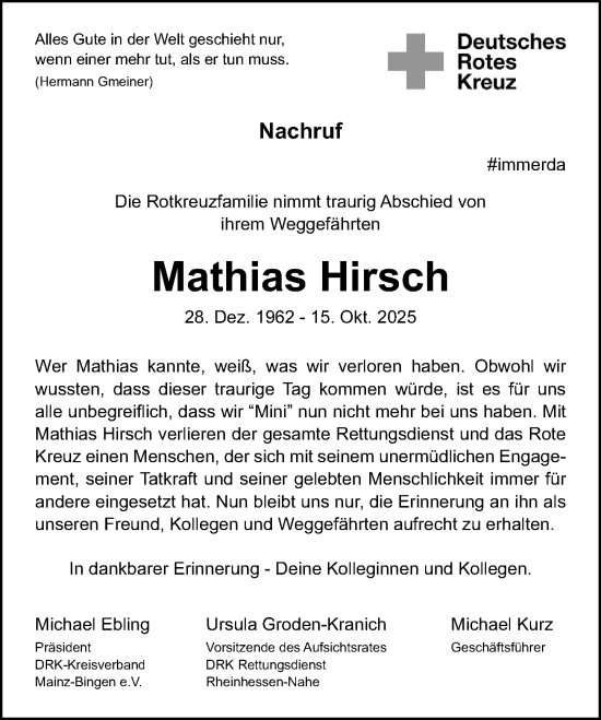 Traueranzeige von Mathias Hirsch von Allgemeine Zeitung Mainz