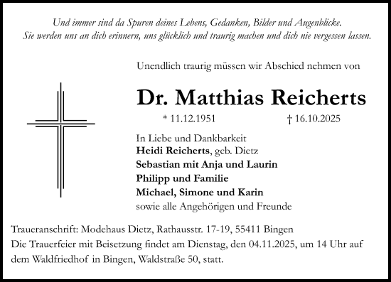 Traueranzeige von Matthias Reicherts von Allgemeine Zeitung Rheinhessen-Nahe Traueranzeige von Matthias Reicherts von Allgemeine Zeitung Rheinhessen-Nahe