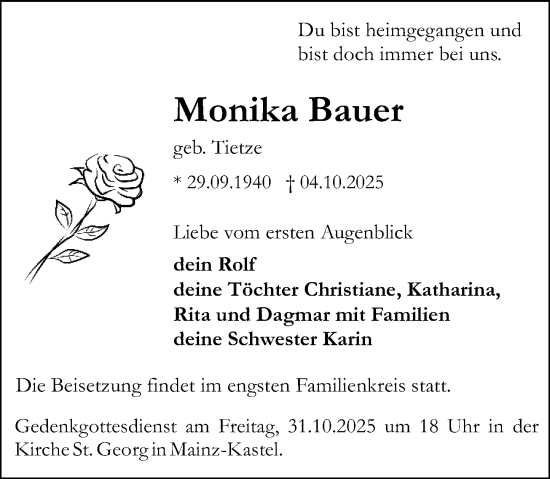 Traueranzeige von Monika Bauer von Allgemeine Zeitung Mainz