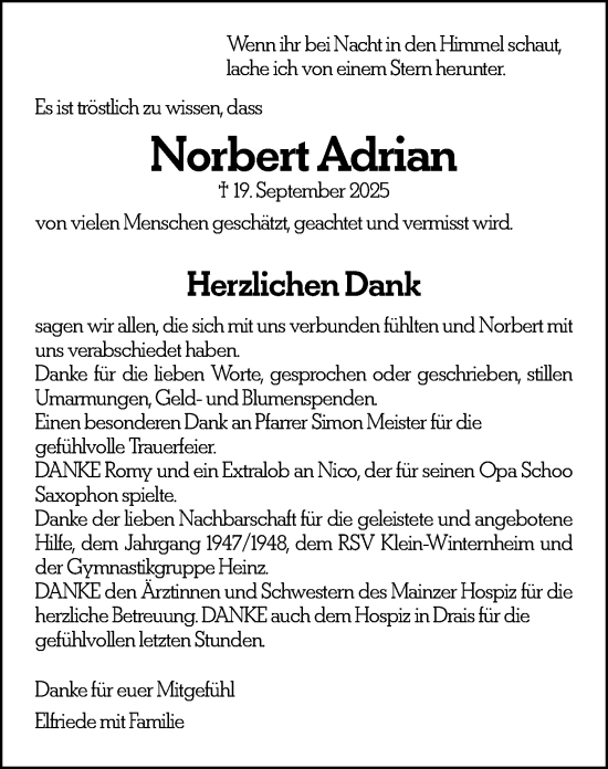 Traueranzeige von Norbert Adrian von Allgemeine Zeitung Mainz